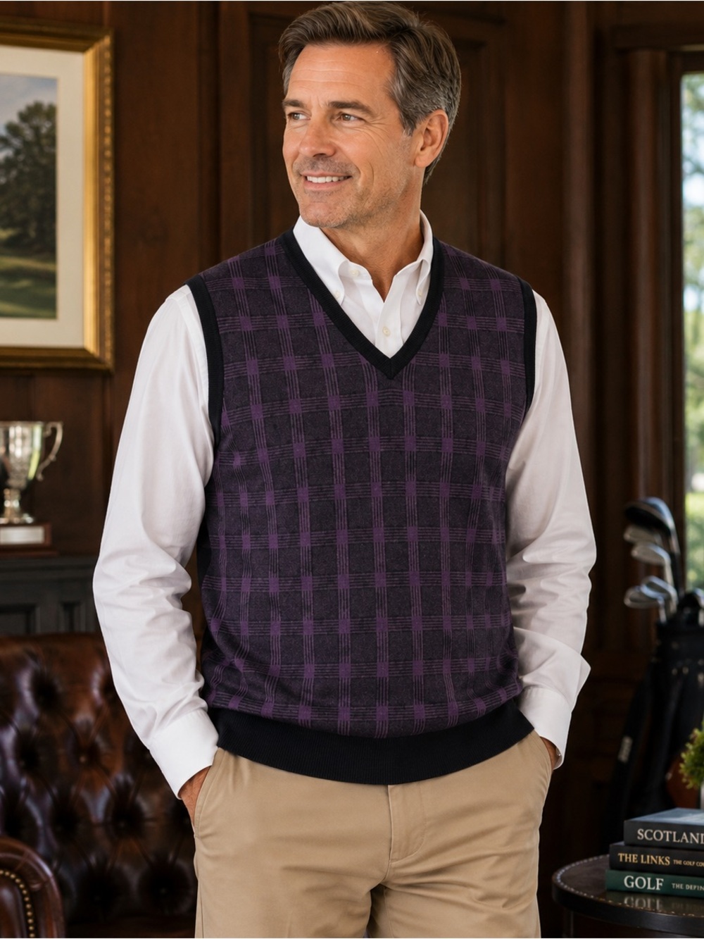 St Croix Men’s Large Wool Blend Sweater Vest Purple Plaid V Neck Golf Preppy